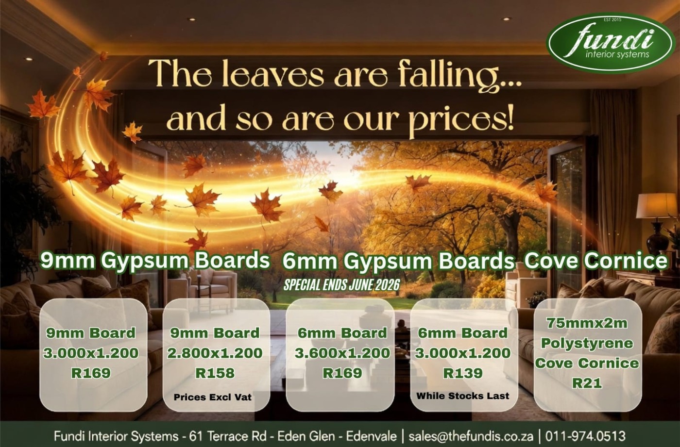 Fundi Interior Systems Autumn Special — Gypsum Boards & Cove Cornice — June 2026